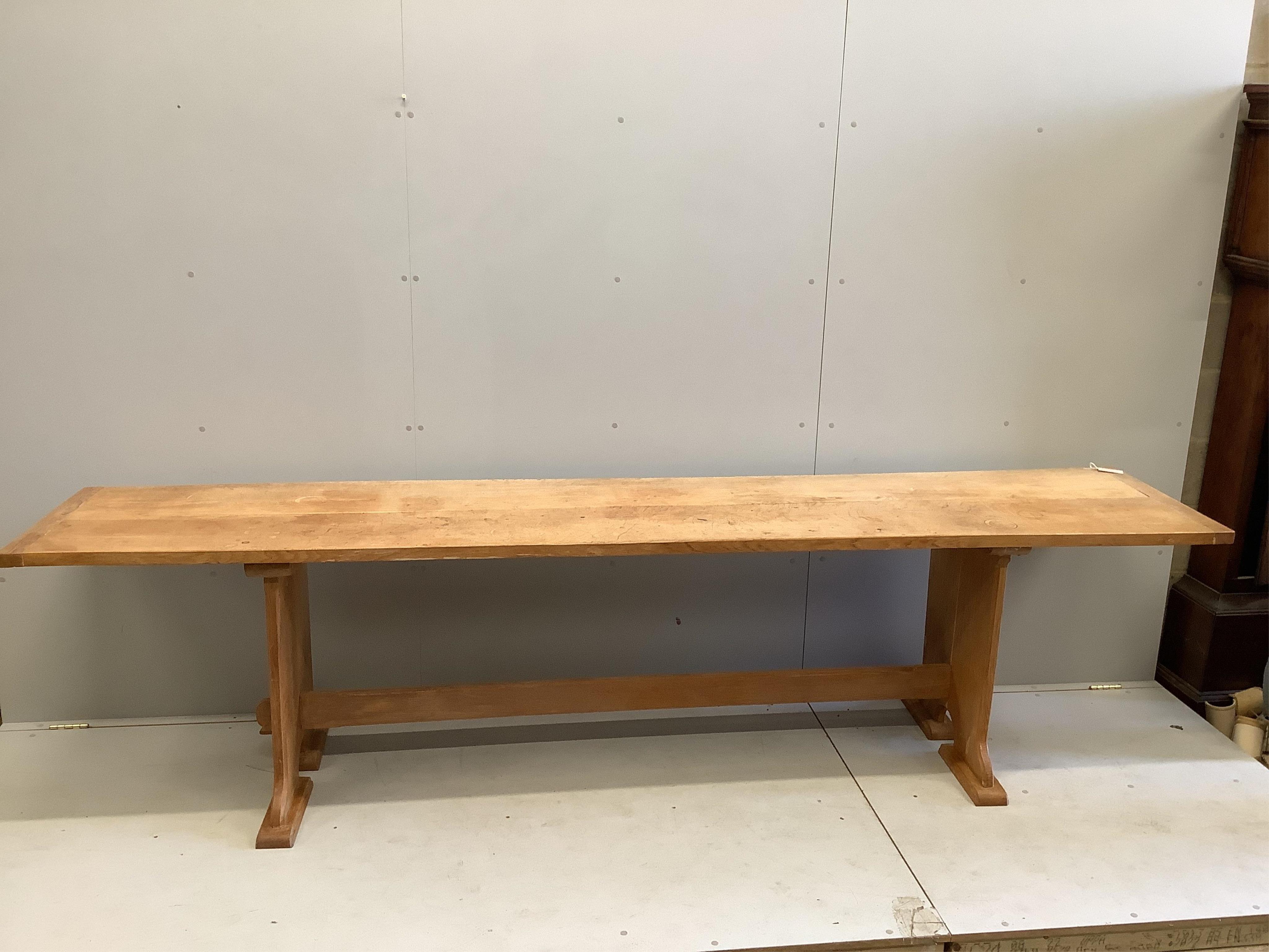 A bespoke oak narrow rectangular serving table, width 302cm, depth 59cm, height 76cm